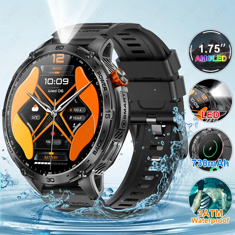 

LIGE 730mAh LED Flashligh Smart Watches 1.75'' 466*466 AMOLED Screen Bluetooth Call 3ATM Waterproof Outdoor Sport Men Smartwatch