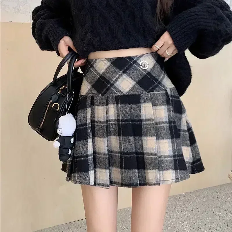 

Deeptown Korean Plaid Wool Skirt Vintage Kawaii Sweet Preppy Style Mini Skirts Cute Autumn Winter Fashion Patchwork Short Skirts