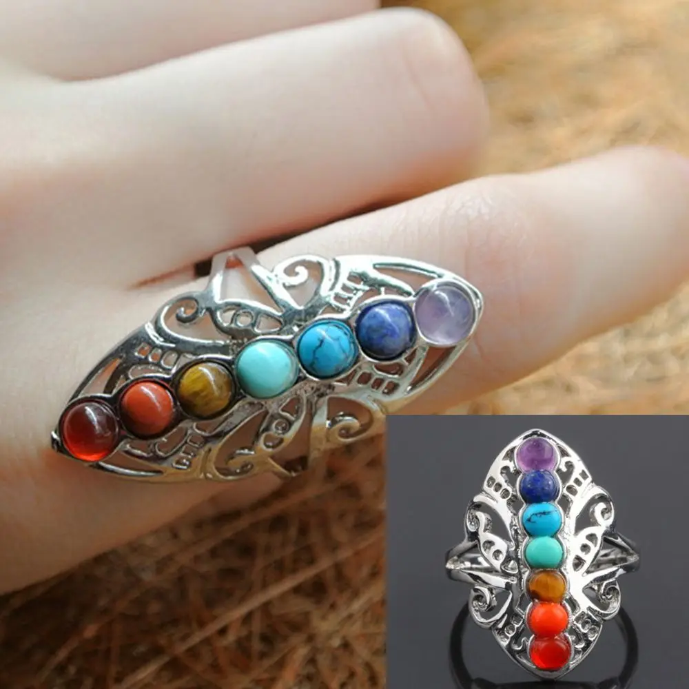 1PC Silver Plated 7 Chakra Healing Hollow Stones Adjustable Ring Unisex Thumb Reiki Gem Ring