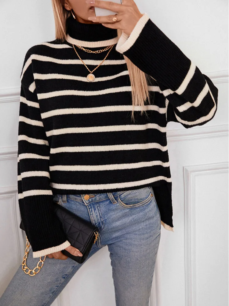 

autumn winter Turtleneck Striped Pullover women 2025 office lady casual Sweater female long sleeve knit clothing