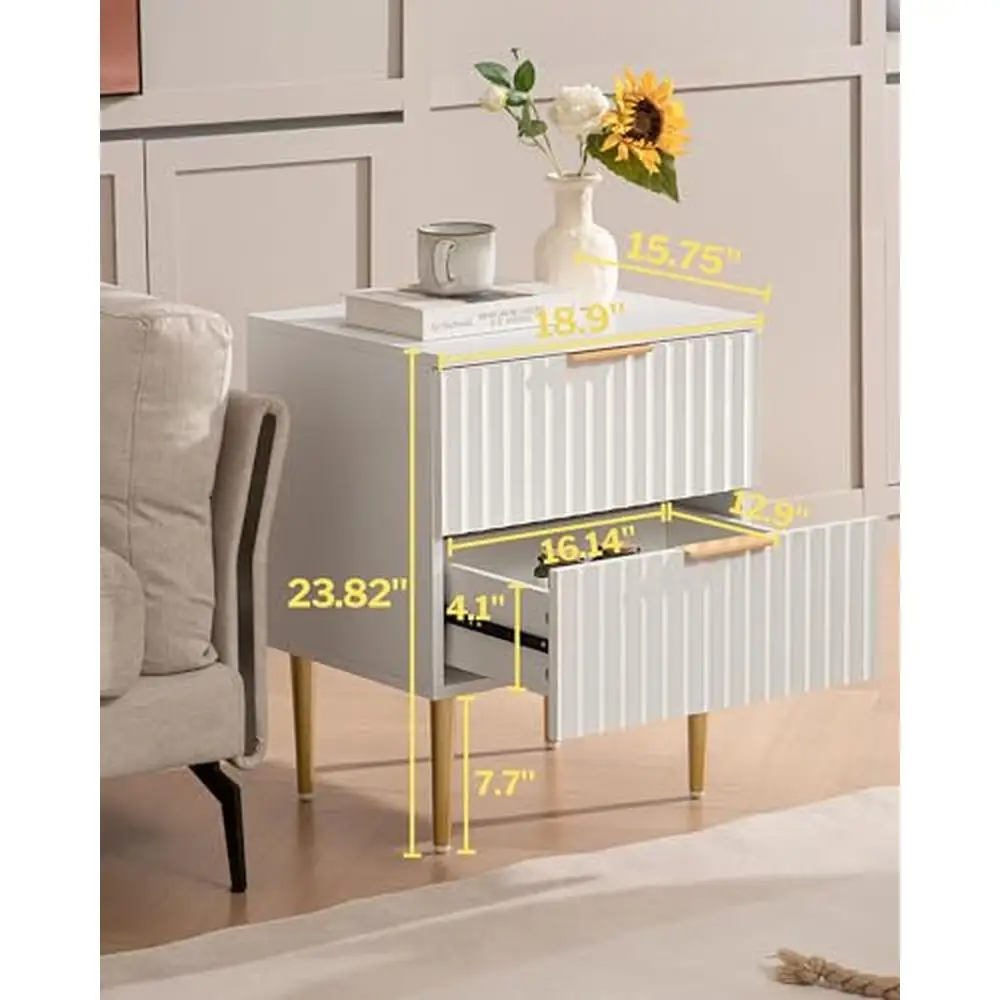 Modern Fluted White Nightstand Set with 2 Drawers Bedroom Storage Stable Structure Easy Assembly FSC-Certified Wood Frame