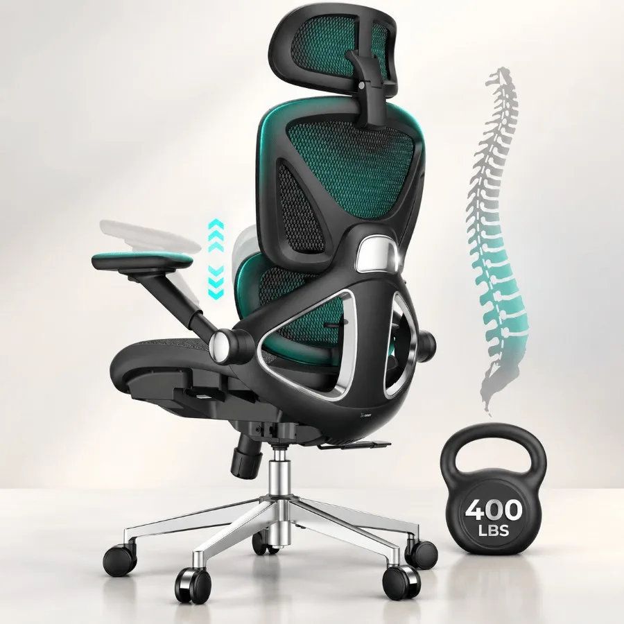 Ergonomic Mesh Office Chair with Adjustable Lumbar Support, High Back Design for Long Desk Work, 400lbs Capacity, 4D Flip-up Ar