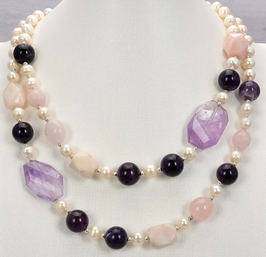 HABITOO Natural White Pearl Rose Quartz Amethyst Pink Opal Gems Stone Necklace 42