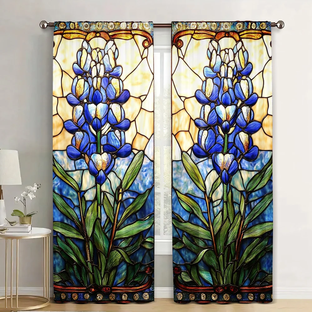 2Pcs Stained Glass Flower Printed Curtains Perfect For Bedroom Living Room Light Filtering Polyester Window Treatments D