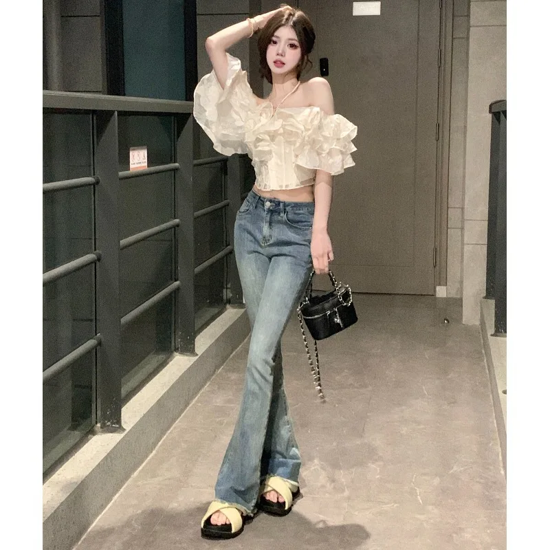 Summer 2024 French Style Fishbone Ruffled Temperament Sexy Crop Top Women Sweet Casual Slim Fit Sleeveless Off-Shoulder Shirt