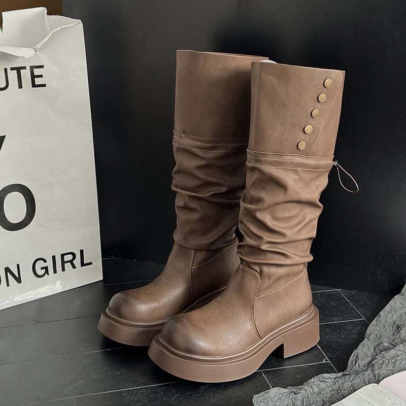 Modische Damen plissiert dicke Sohlen Ritter Stiefel neue heiße Mädchen Schuhe Straße vielseitige Pendel mode Stiefel für Frauen