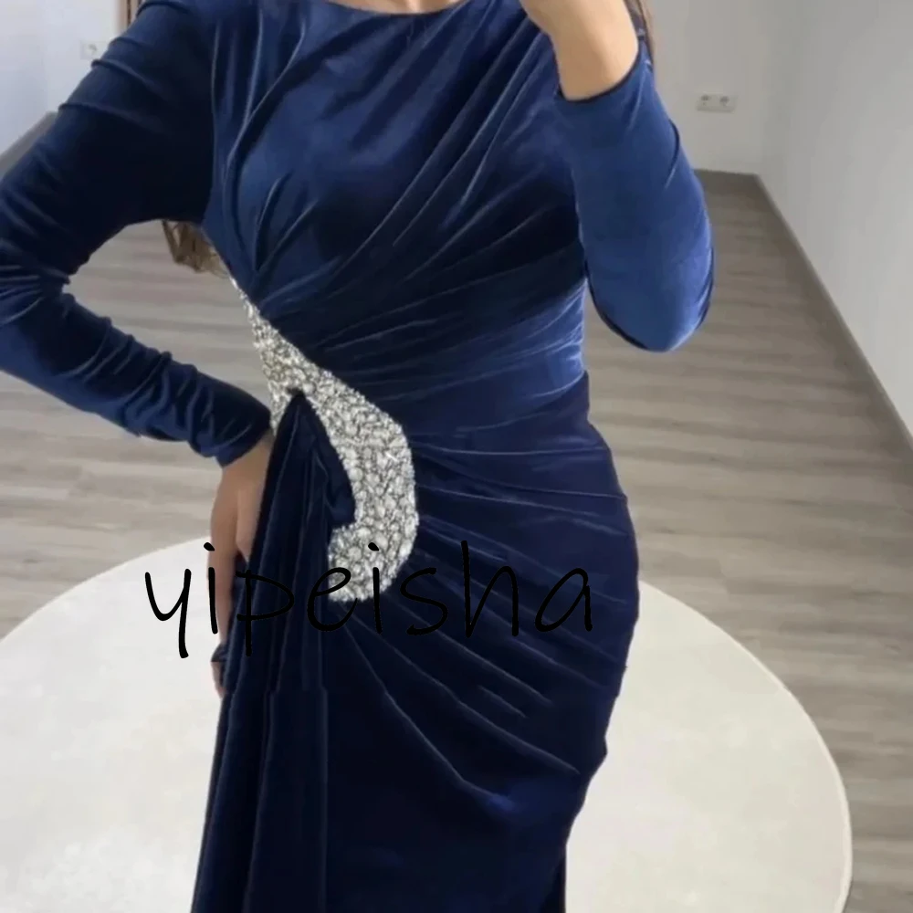 Customized Velour Simple O-Neck Mermaid Evening Dress Beading Long Sleeves Wedding Party Gown Celebrity Prom Gown Plus Size