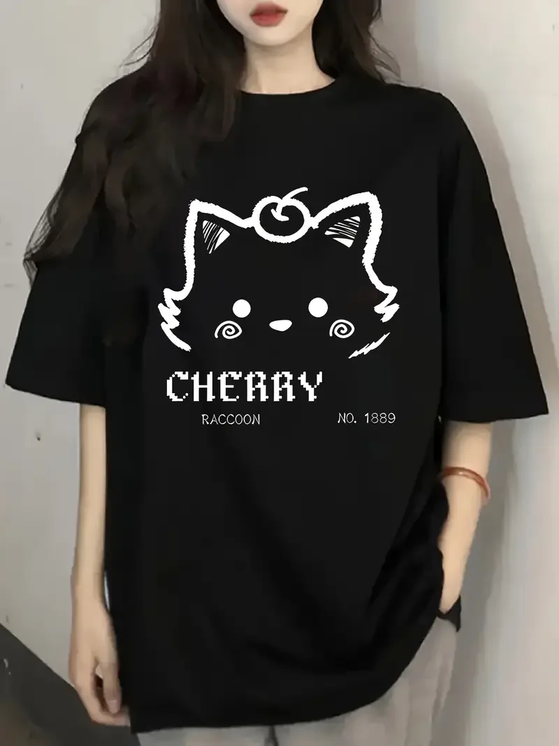 

Plus - Size Women's Short - Sleeve T - shirt, Cartoon Cat & “CHERRRY” Print, Cute & Trendy