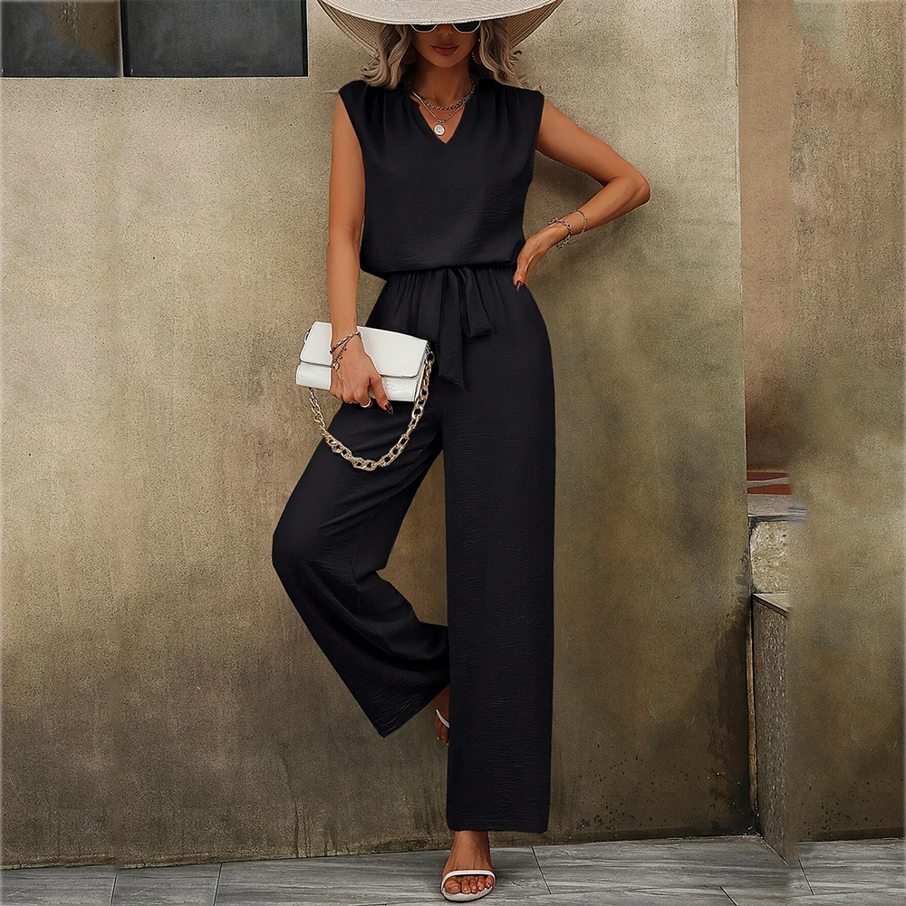 

Wefads 2025 New Women 2 Piece Set V Neck Top Sleeveless Tops+High Waist Pockets Wide Leg Pant