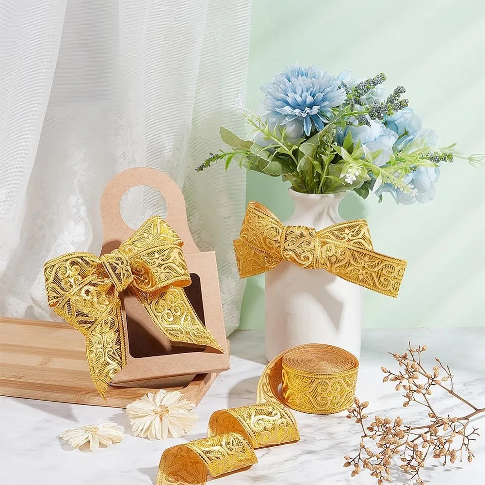 7.7Yards Gold Jacquard Ribbon Trim 1-1/4 Inch Wide Boho Woven Trim Ethnic Floral Ribbon Embroidery Polyester Flat Ribbon for DIY