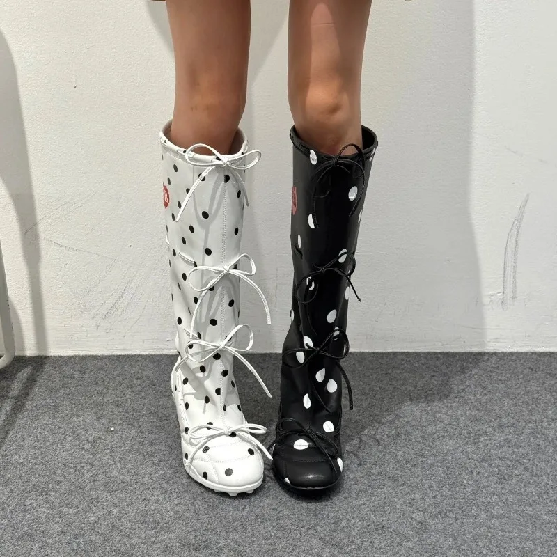 2026 New Polka Dot Casual Women's Knee High Boots Fashion Retro Printed Design Bow Decor Mid Heel Comfortable Women Shoes image 2