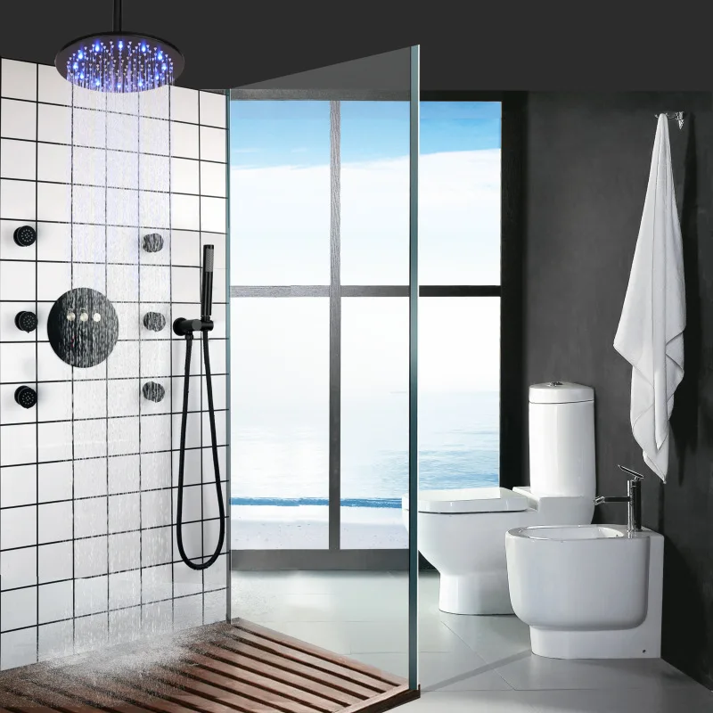 Chrome Rain Shower System 3-Function Thermostatic Shower Set Smart LED Color-Changing Shower Faucet Massage Spray Jets
