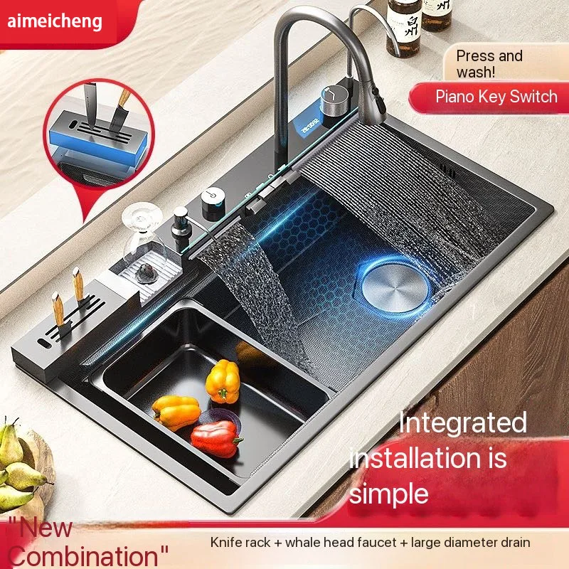 Integrated Waterfall Kitchen Sink Honeycomb Technology Large Digitial Display Stainless Steel Soap Dispenser Cup Washer