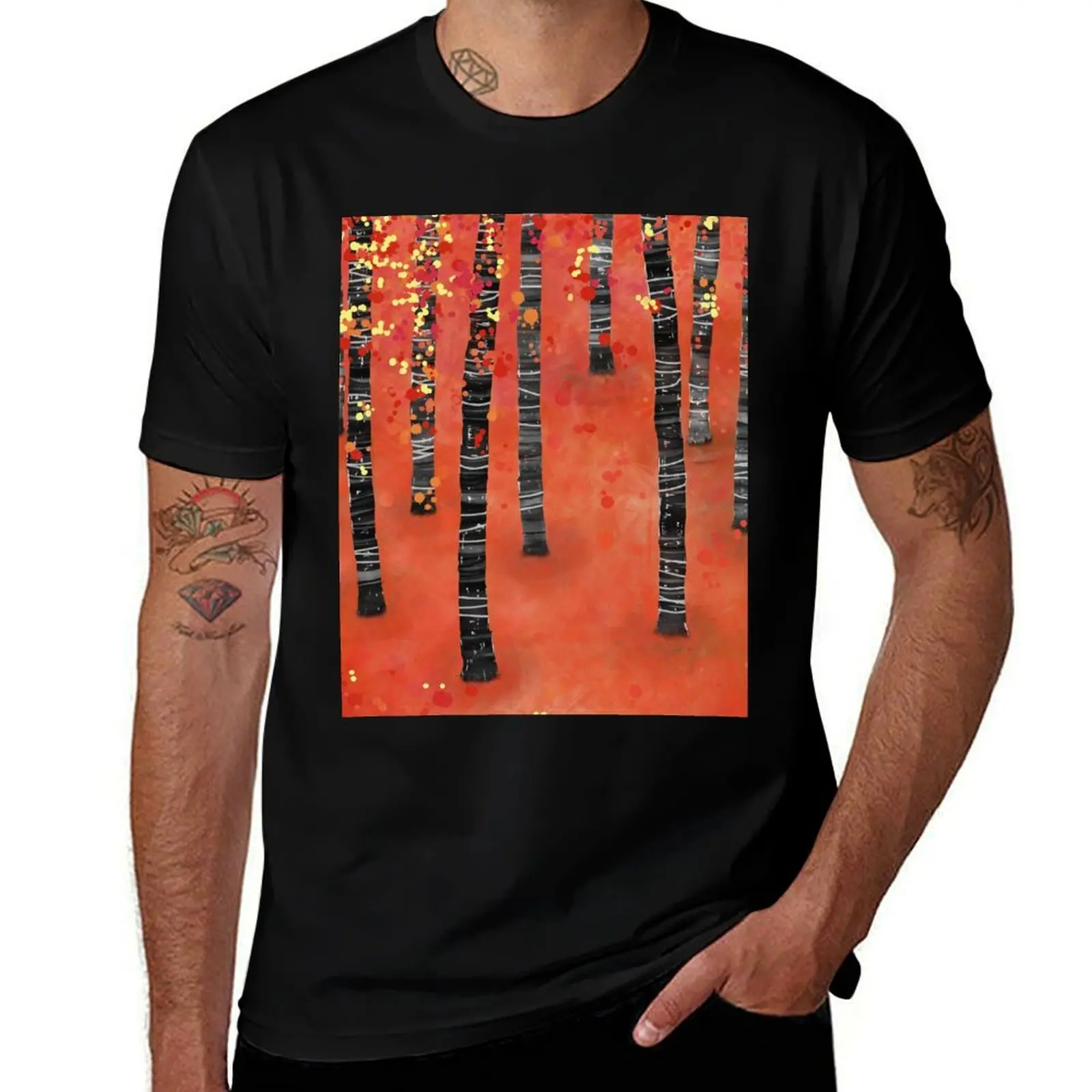 Birches - Autumn Woodland Abstract Landscape T-Shirt Gym Exercise Short Sleeve T-Shirt