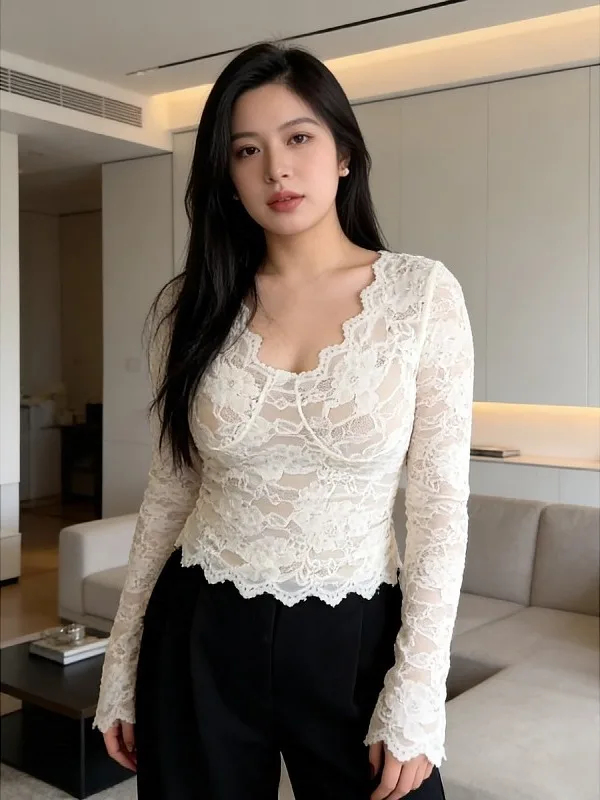 

Женская базовая одежда больших размеров: кружевной длинный топ на подкладке, сексуальный, облегающий, для осени и зимы