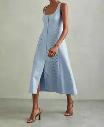 Women Linen Tank Dress Blue Embroidered Sleeveless Suspender midi dress