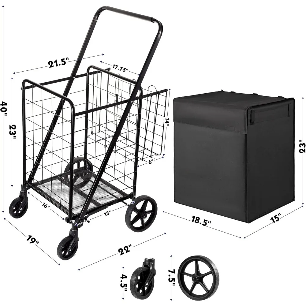 Folding Shopping Cart with Waterproof Liner, Grocery Cart Large Bag with Top Cover, 340 Lb Capacity, Utility Cart