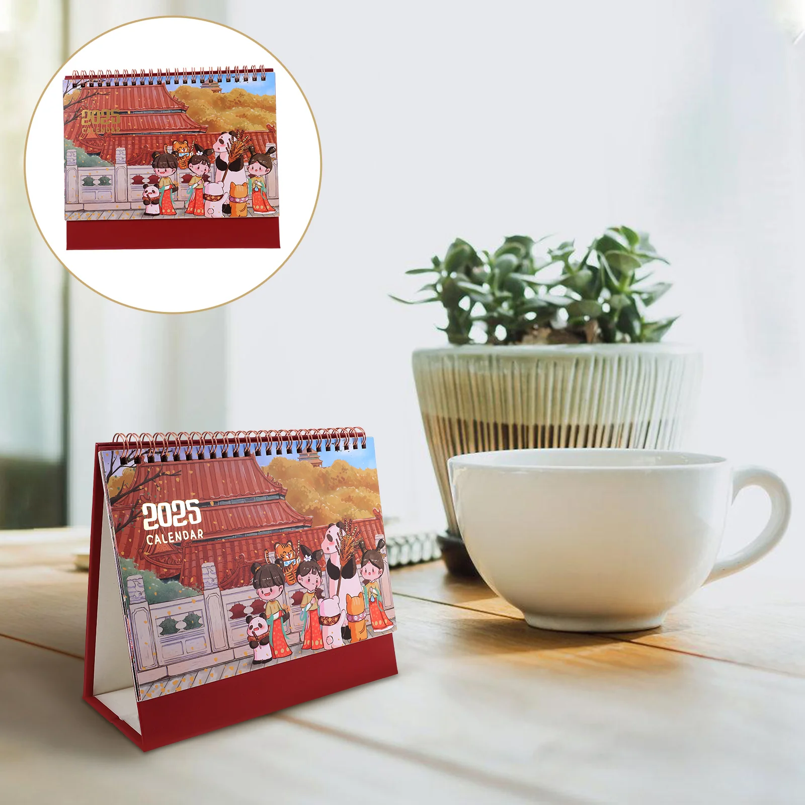 Monthly Cartoon DeskCalendar ChineseStyle Retro OfficeAccessory CreativeCoil Planner FlipTabletop Schedule 2025 YearlyDaily