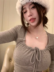 Pure Desire Belted Square Collar Sexy Slim Fit Base Shirt Pink Long Sleeve T-Shirt Women's Spring Inner Wear Commute Style Ko...