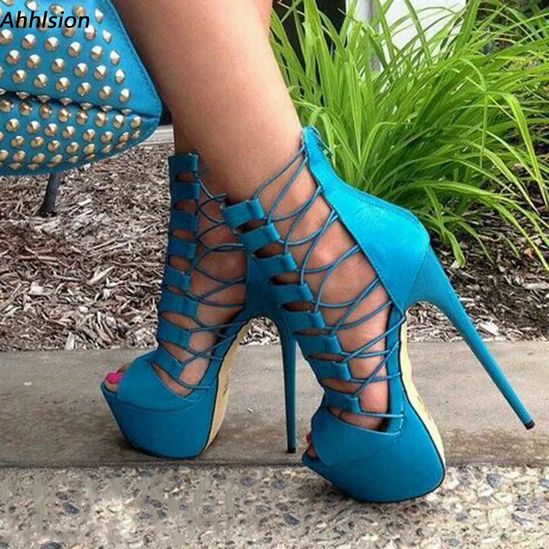 

Ahhlsion Женские сандалии ручной работы на платформе Сексуальные туфли на шпильке с круглым носком Красивые небесно-голубые красные повседневные туфли Женские американские большие размеры 5-20