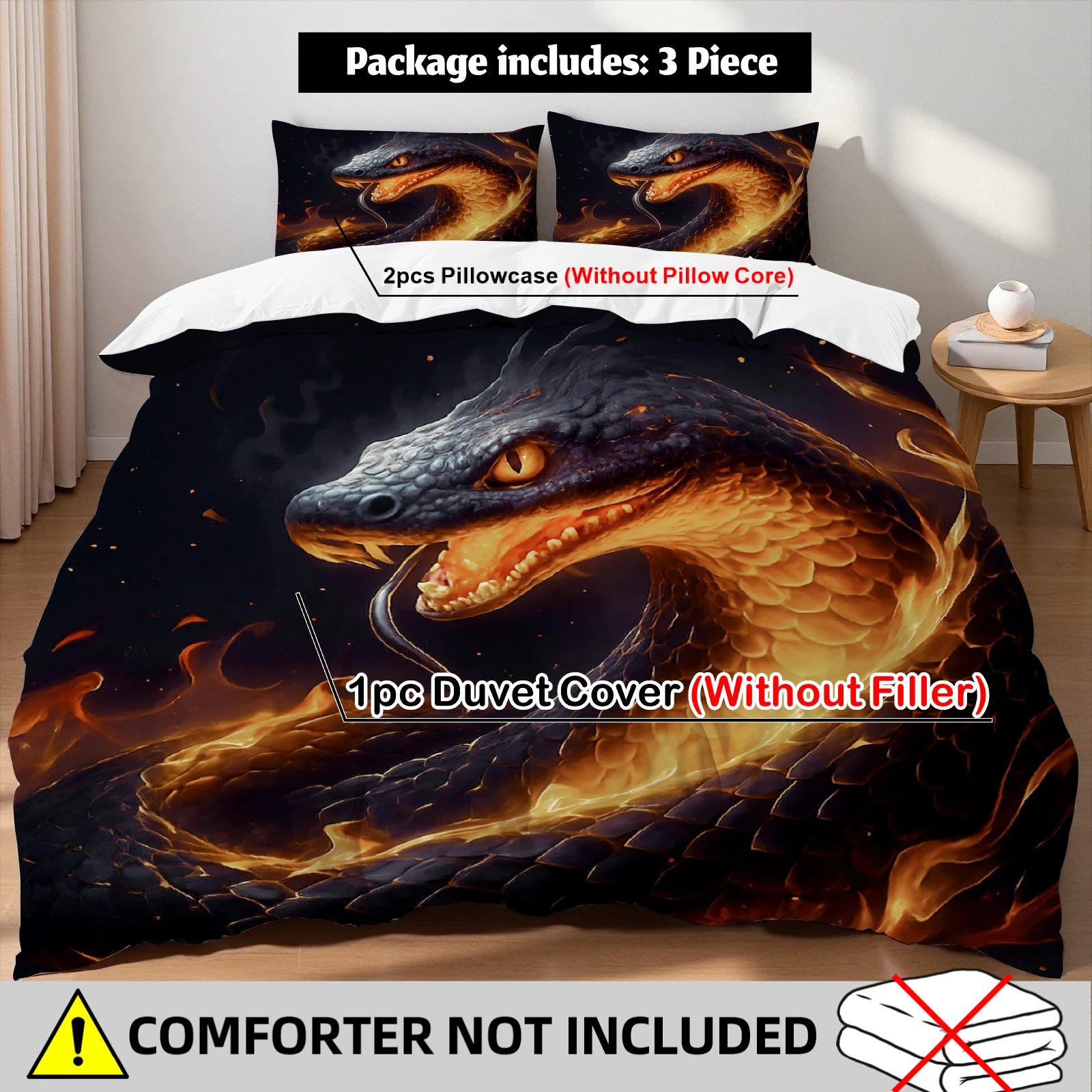 

Fiery Black Snake Duvet Cover Set 2 Pillowcases for Teen Boys Bedroom Dark Fantasy Flame Snake Decor Bedding Set Twin Queen King