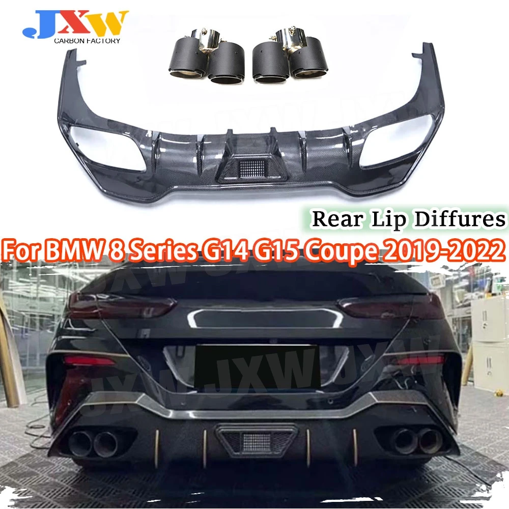 

for BMW 8 Series G14 G15 Coupe 2019-2022 Real Carbon Fiber Rear Bumpers Lip Diffuser With Rear Exhaust Tip Tail Pipe Car Styling