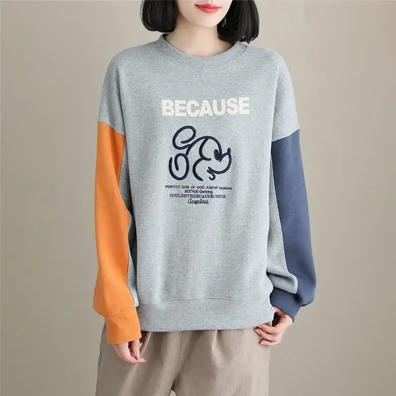 Sudadera holgada de algodón con bordado de dibujos animados para mujer, jersey de manga larga con cuello redondo y letras, Top informal que combina