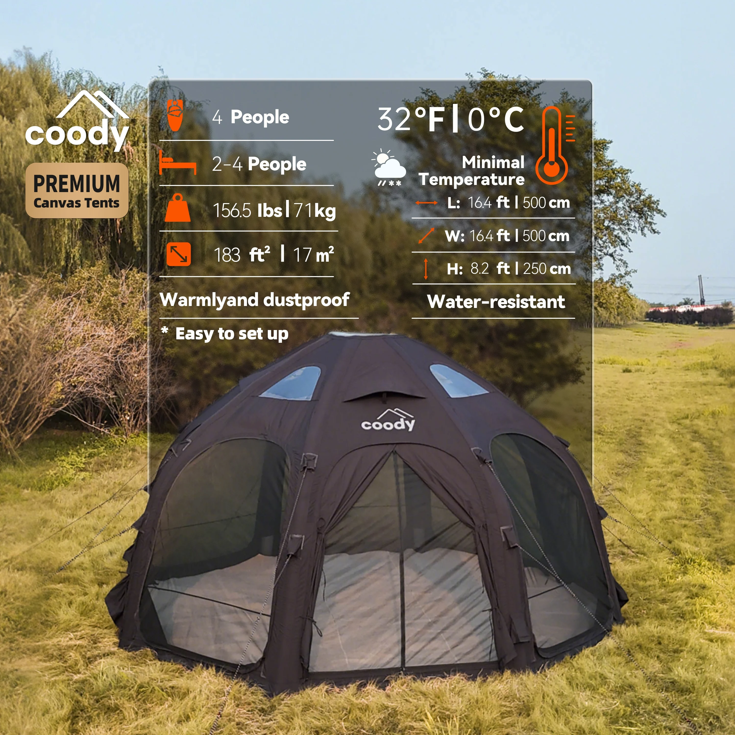 Coody Dome Black Geodesic Inflatable Air Tent 2-4 Person Classic Portable Family Outdoor Camping Canopy Shelter