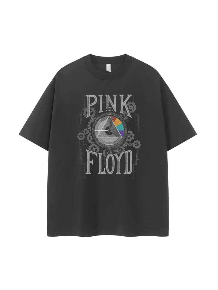 Retro American Street Style Loose Rock Short Sleeve T-Shirt Band Moon's Dark Side Vintage Shoulder Drop Casual Cotton Tee