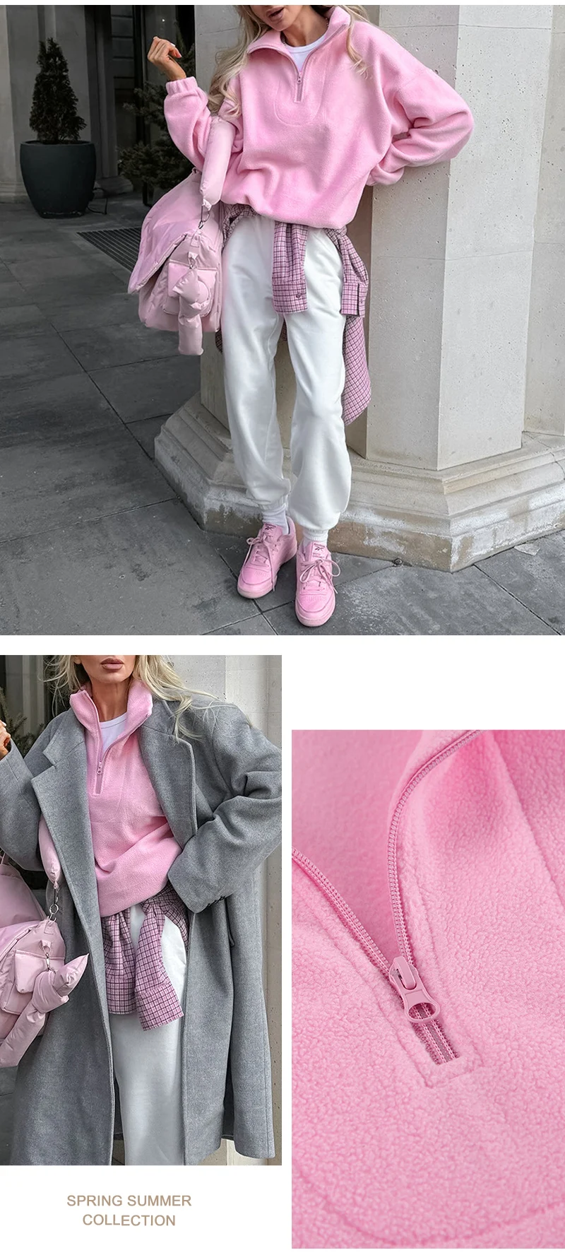 Rosa Winter-Lammfell-Hoodie für Damen mit Reißverschluss und Kragen, Fleece-Pullover für Frauen – Detail 5