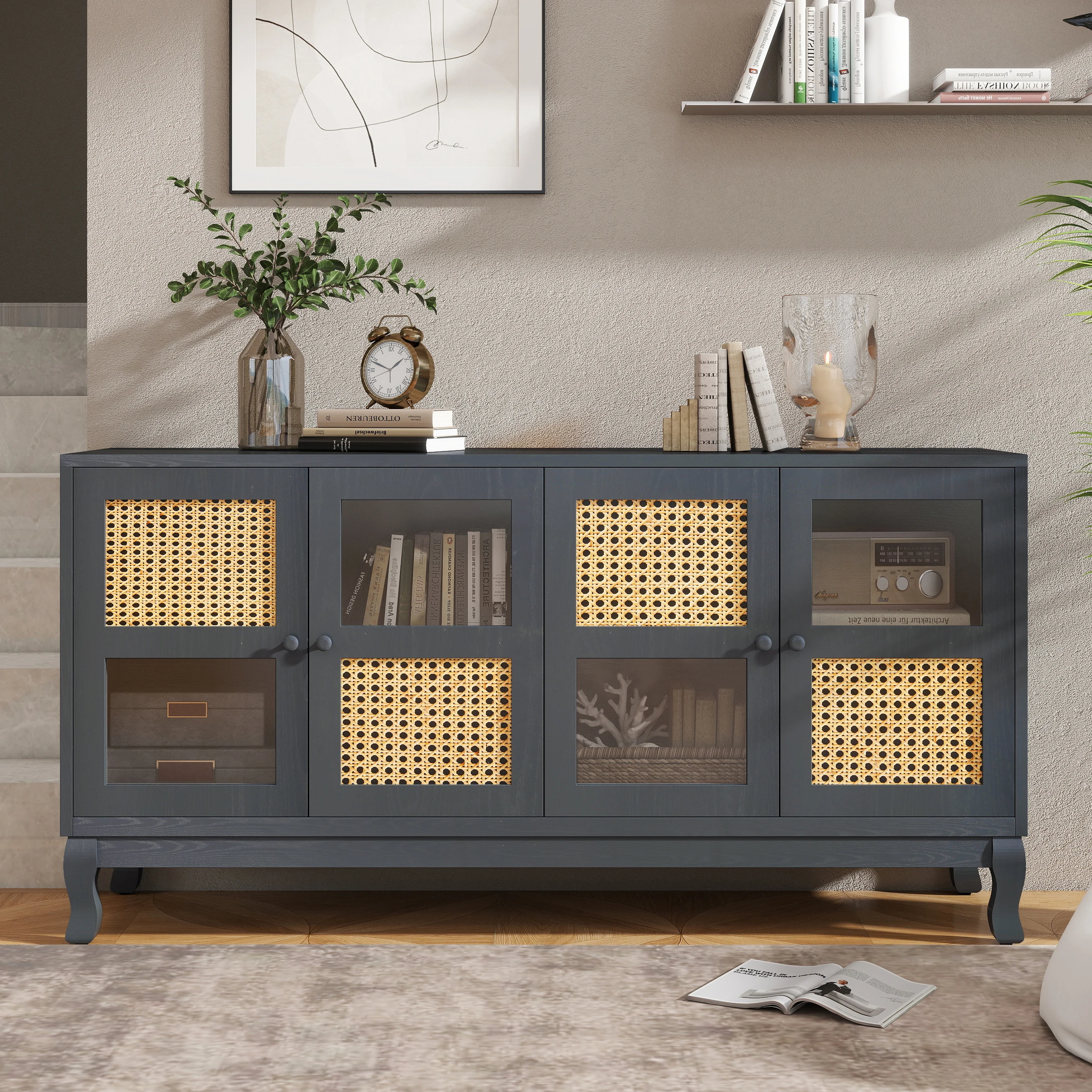 

Retro 4-Door Sideboard with Large Storage Space Artificial Rattan Doors and Transparent Glass, Accent Cabinet for Entryway