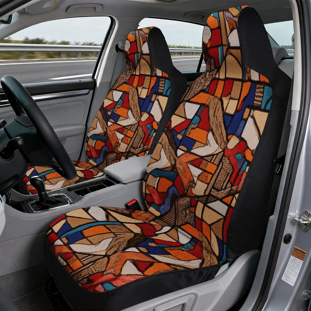 2D Flat Printing, 2pcs, Tribal Geometric Blocks Themed Decorative Seat Covers, Lightweight Washable Material, Adds Artistic Fla