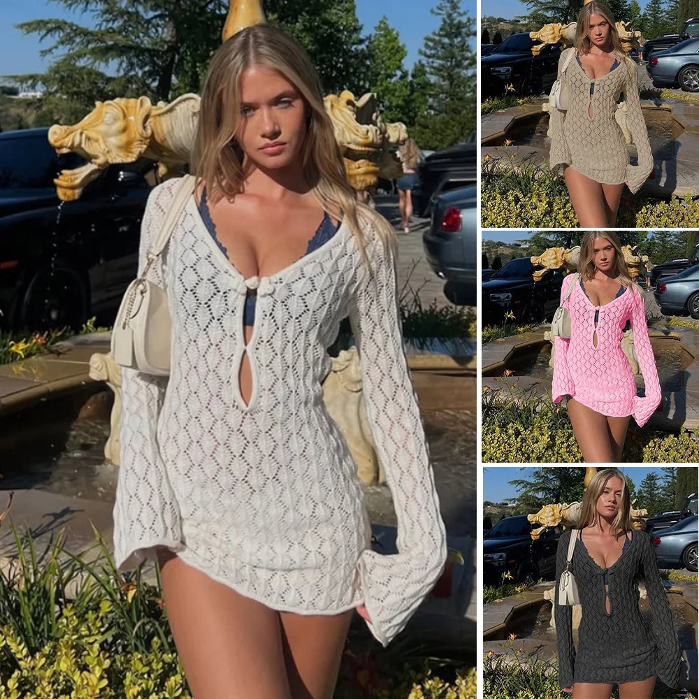 Sexy Knitted Bikini Cover up Beach Dress Hollow out Design Vacation Swimsuit Women's A-Line Skirt Style Polyester Fiber