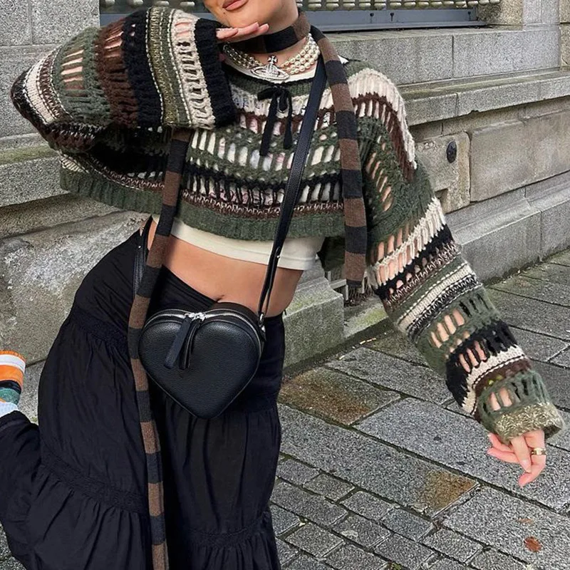 

New Fashion Women Y2k Stripe Hollow Out Fishnet Sweaters Smock Crop Tops Women Fairycore Oversize Sweater Grunge Goth Cloth