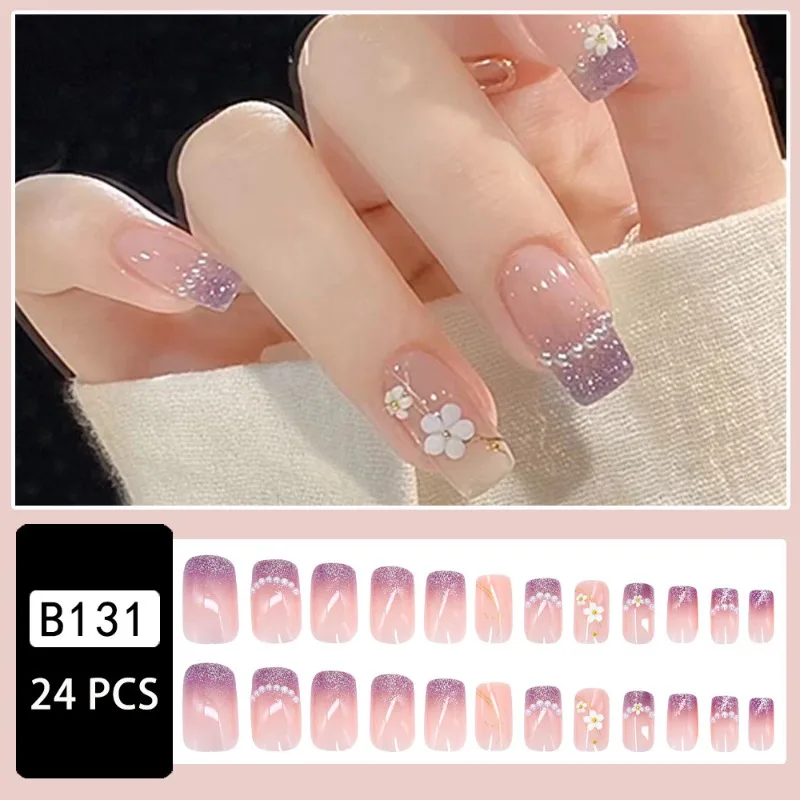 24 個スクエア付け爪プレスショートミディアムグリッター再利用可能なネイルチップフラワー付け爪プレス爪デザイン卸売