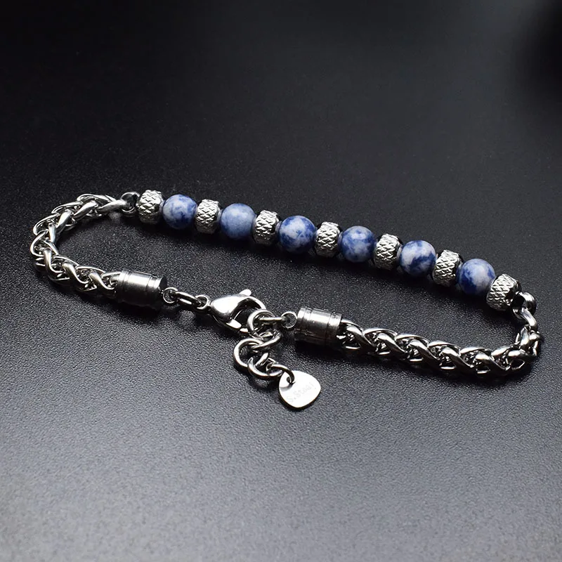Punk Cool Chain Bracelet Men Apparel Accessories Stainless Steel Adjustable Link 6mm Stone Beads Braslet Hiphop Homme Jewelry