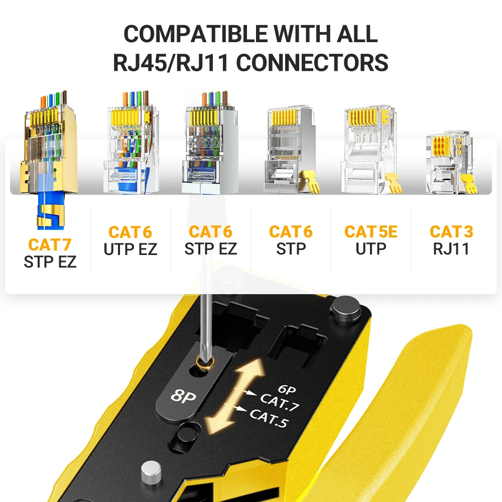 Denswire Pass Through RJ45 Crimping Tool, Stripping Taglio Crimpatura Ethernet Crimper per connettori RJ11 RJ45 Cat8/7/6A/6/5E