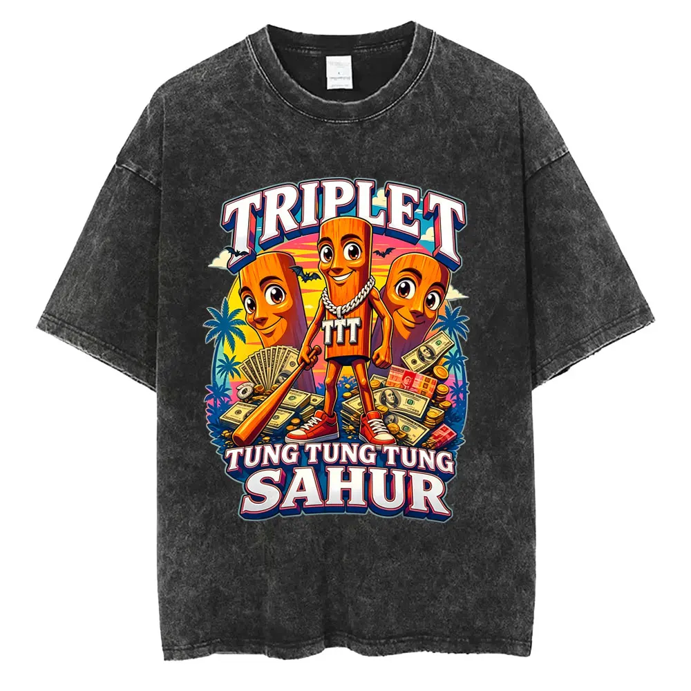 Washed Vintage Italian Brainrot Triplet Tung Tung Tung Sahur Funny Meme T-shirt Men Women Clothing Casual Humor Harajuku T Shirt