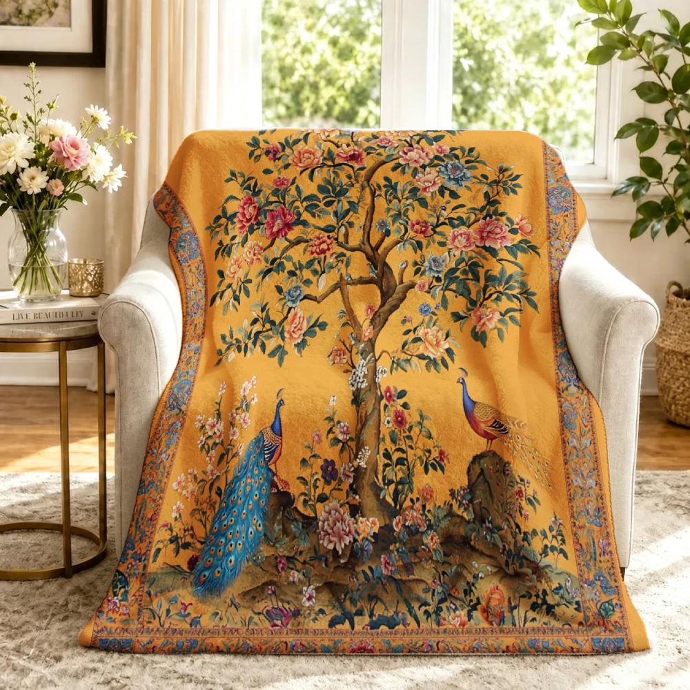 Antique Peacock Tree Flannel Throw Blanket Vintage Floral Garden Pattern Soft Warm Blanket Couch Bed Home Decor Gift Ideas Now