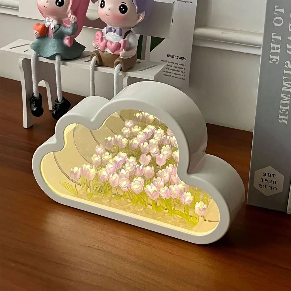 Diy Cloud Tulip Led Night Light Mirror Table Lamps Bedroom Ornaments Gift