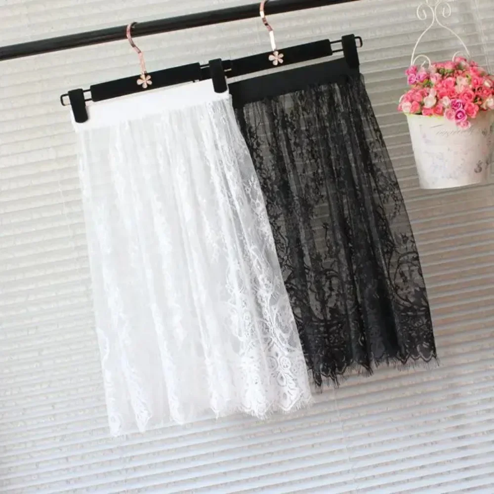 Hot Summer Women Lace Skirts Fashion Solid Casual Mesh Tulle Skirt Hollow Out Short Pencil Elegant Elastic Black White Skirt