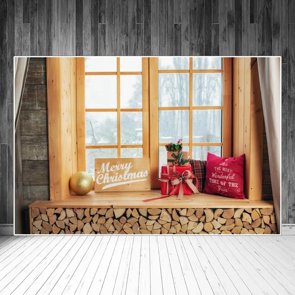 Christmas Wooden Bay Window Interior Photography Backgrounds Custom Gift Pillow Ball Scene Baby Party Decoration Photo Backdrops