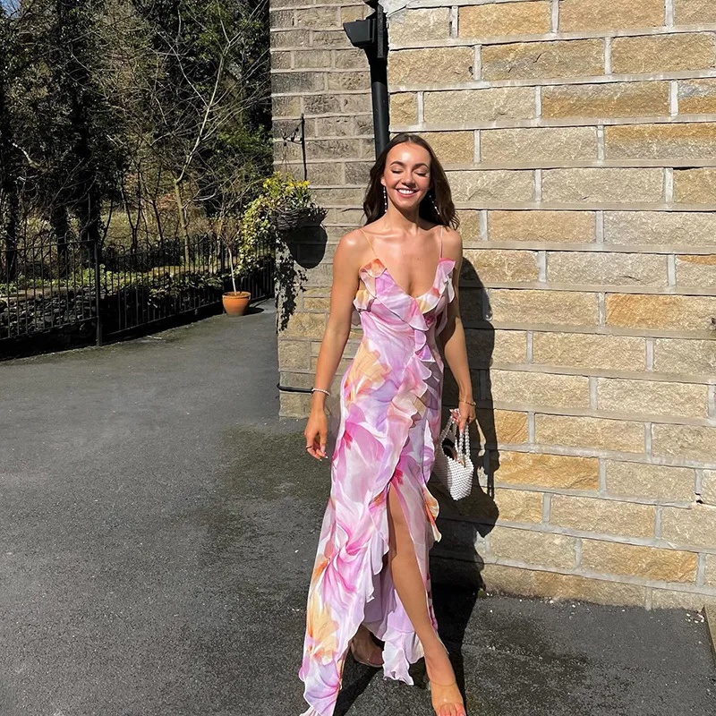 

Flower Print Dress Woman Summer Strapless Splits Irregular Tassel Patchwork Backless Bandage Party Skinny Vestidos V-neck printe