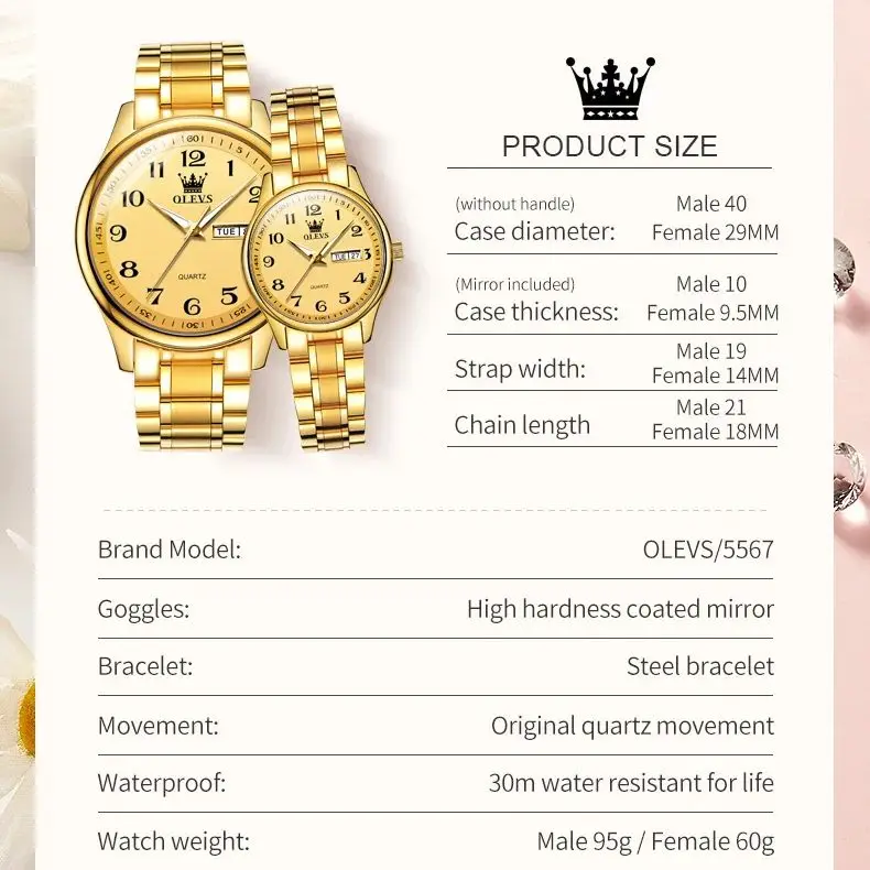 OLEVS Quartz Watch for Couple Stainless steel Roman Numeral Dial Waterproof Lover\'s Watches Original Couple for Men Women Set