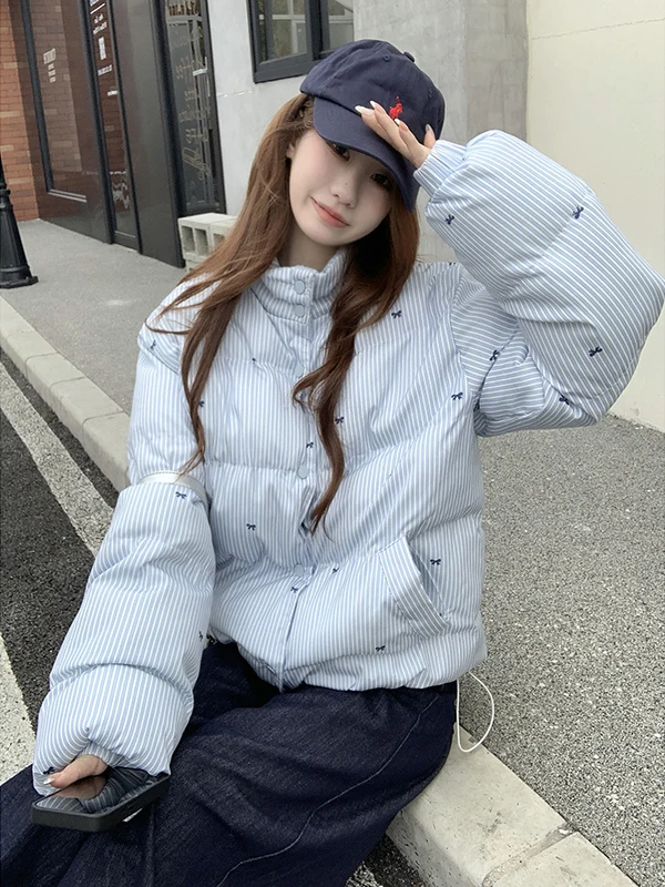 

Sli Thiened Winter Cotton Jaet Women's Beautiful Striped Knot Warm Coat Korean Sle Loose Fit Long Sve