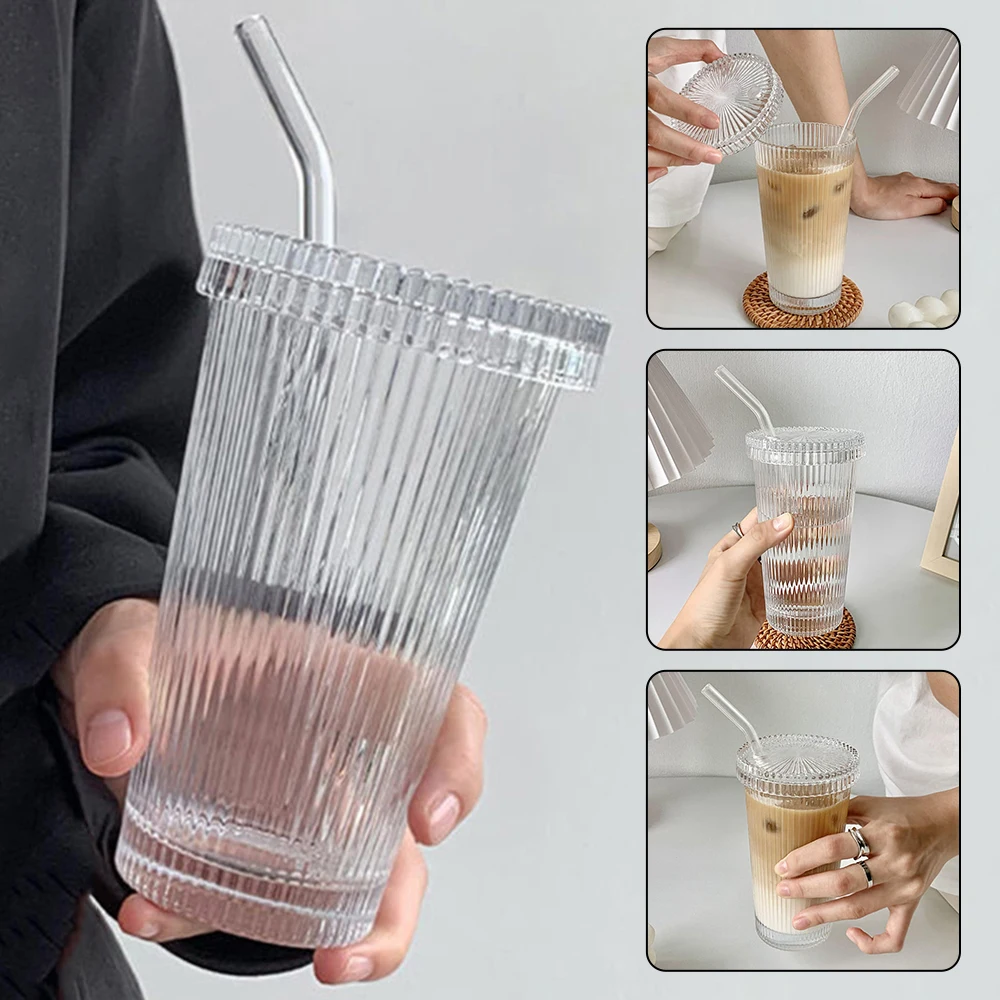 

375ml Simple Striped Slass With Lid Straw Transparent Coffee Cup Juice Cup Beer Can Milk Mocha Coffee Breakfast Transparent Cup