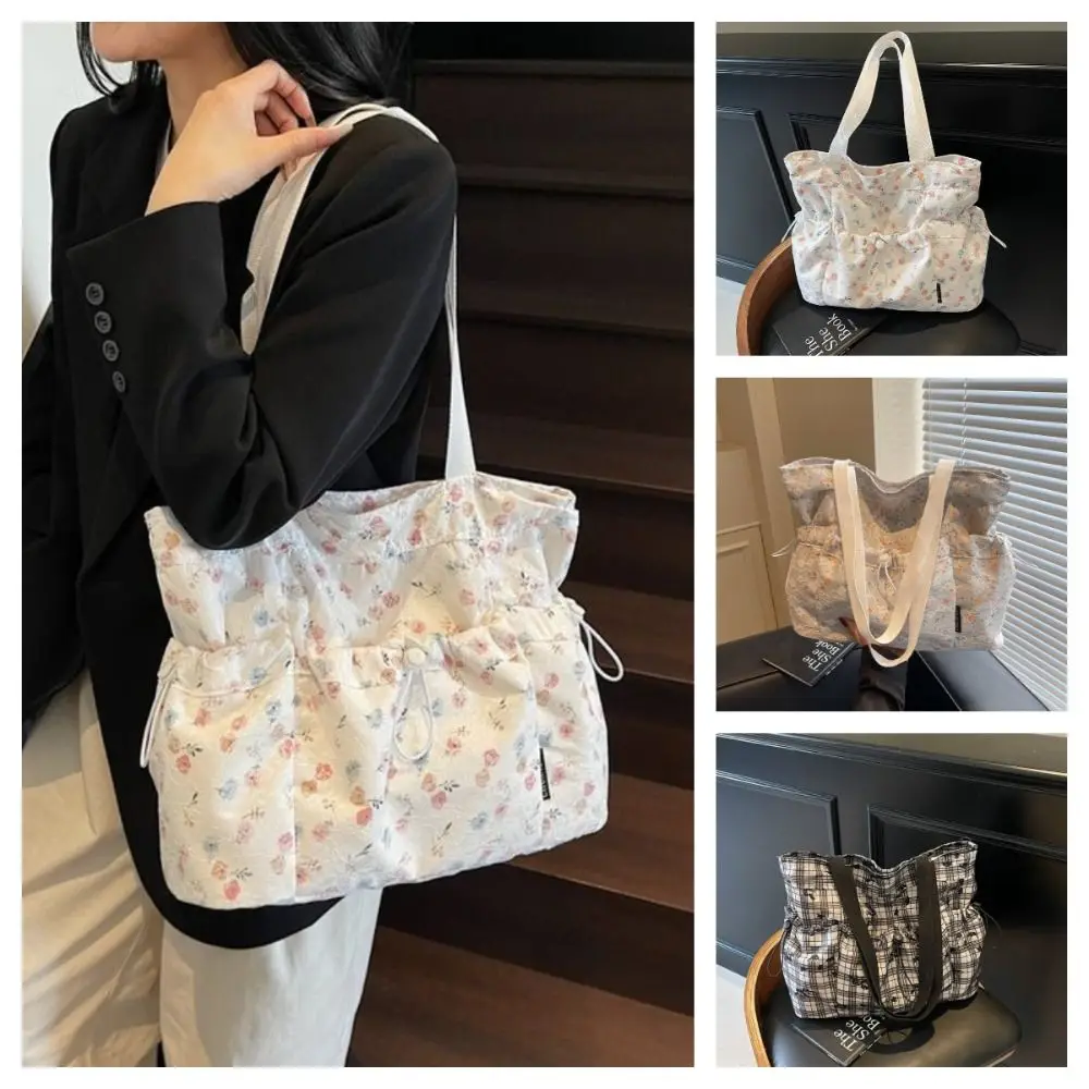 

Sweet Harajuku Aesthetic Handbag Korean Style Cloth Floral Tote Bag Large Capacity Grocery Bag Drawstring Shoulder Bag