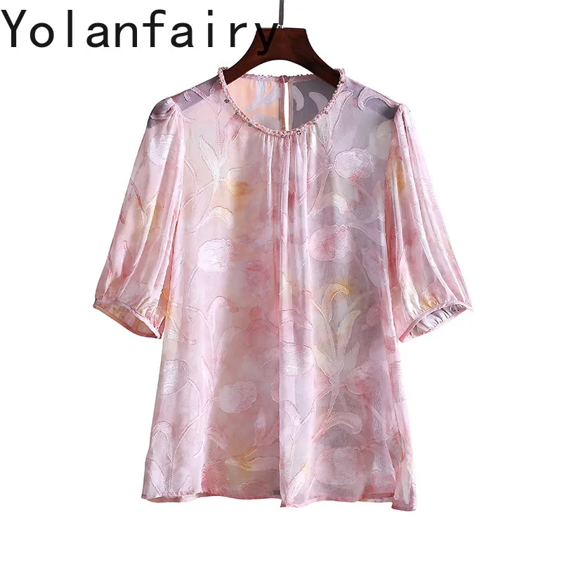 

YOLANFAIRY 70% Натуральный шелк тутового шелкопряда, женская летняя футболка 2026, элегантная жаккардовая блузка, женская одежда, модная футболка с цветочным принтом, топ