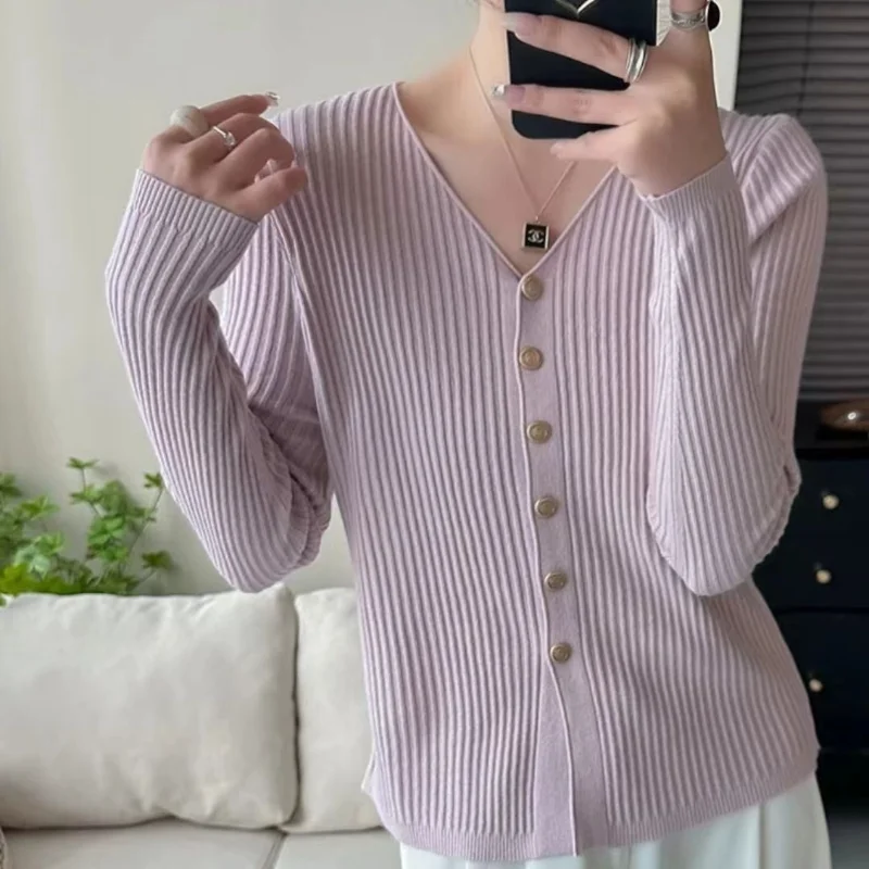 

Корейский стиль, свободный однотонный вязаный кардиган, женский свитер с длинными рукавами и пуговицами, повседневный топ