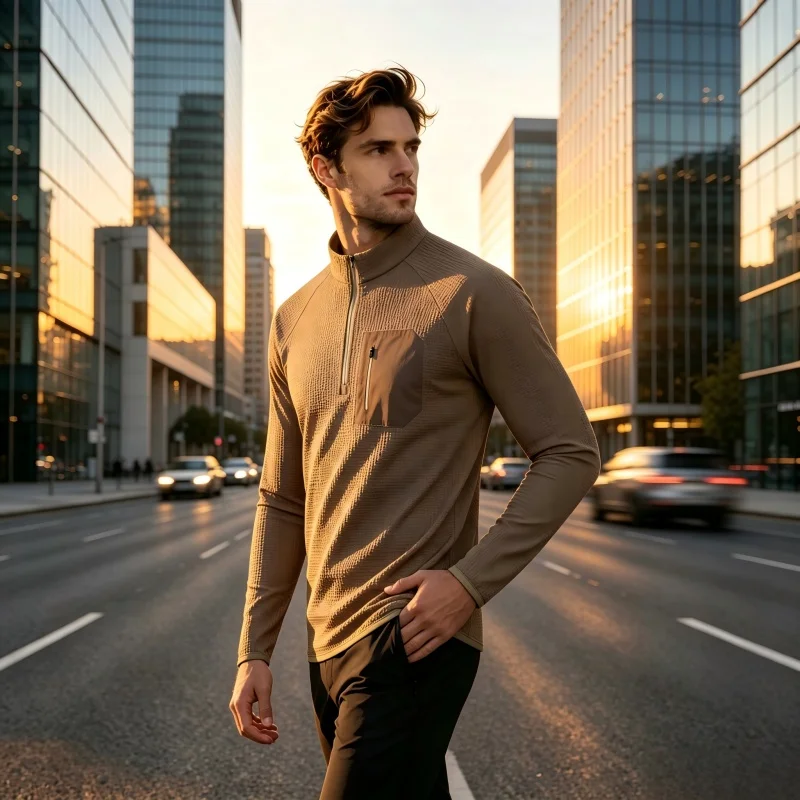 Herren Langarm-T-Shirt mit halbem Reißverschluss, atmungsaktiv, schnelltrocknend, knitterfrei, strapazierfähig, mit dekorativer Tasche, Herbstmode, neue Herrenbekleidung – Detail 9